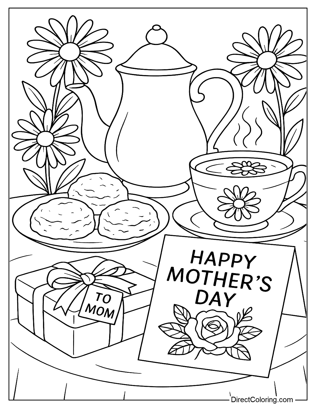 coloring page of an English tea party with scones, chamomile tea and a Mother's Day card